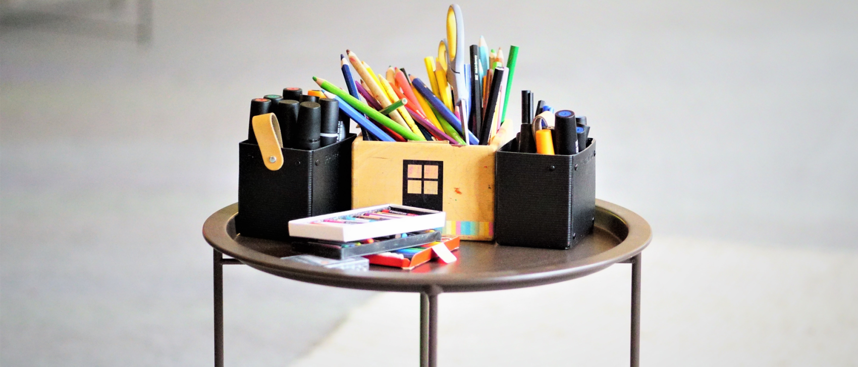 Conference table with various pens