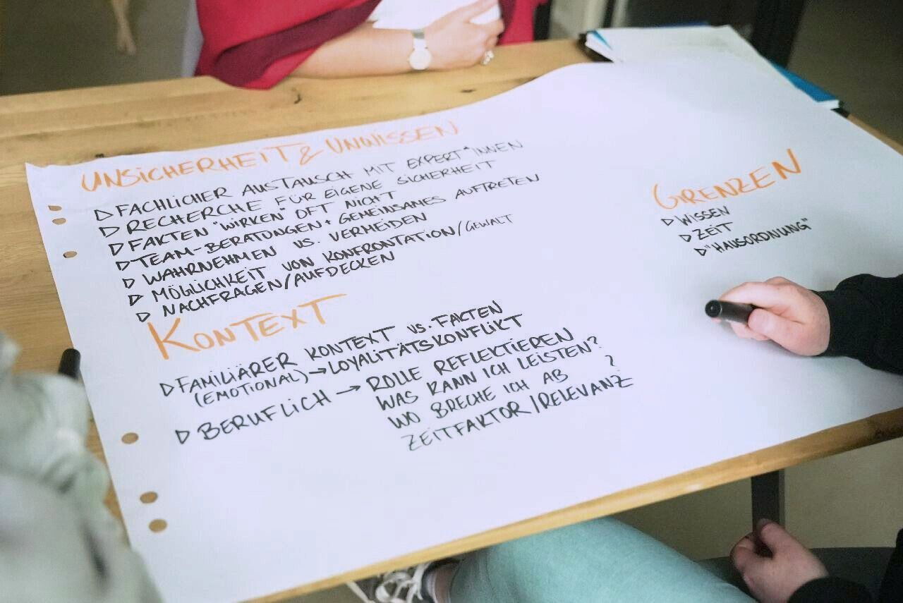 Two people write on a flipchart paper